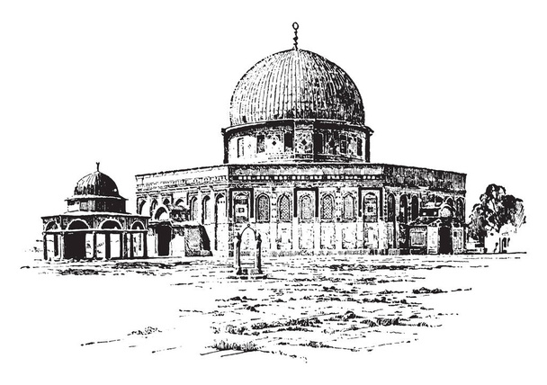 Esta es la mezquita más antigua de Omar y también el centro de la mezquita más sagrada del Islam. Tiene tejado semicírculo, dibujo de línea vintage o ilustración de grabado
. - Vector, Imagen