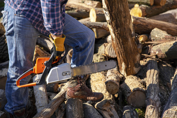 Holzfäller sägt Baum mit Motorsäge auf Sägewerk Kettensäge im Einsatz beim Holzschneiden. Mann sägt Holz mit Säge, Staub und Bewegungen. - Foto, Bild