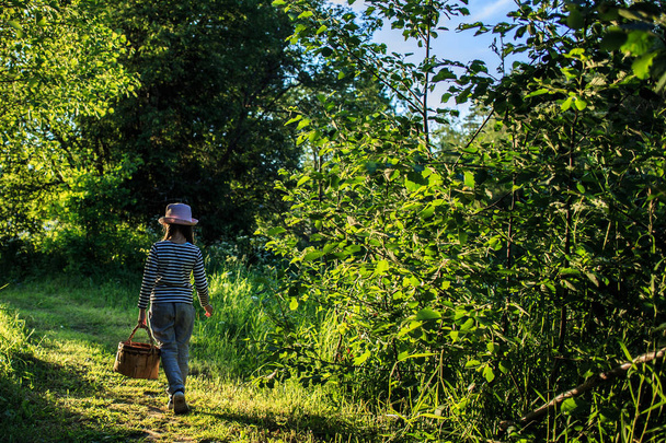 Молодая девушка идет по тропинке через зеленые леса с корзиной
 - Фото, изображение