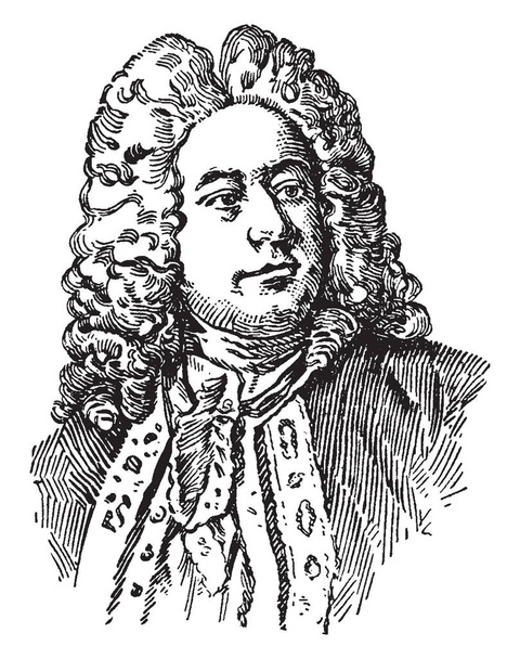 George Frederick, 1685-1759, o bir müzisyen ve besteci, ünlü yaptığı çalışmalarla Atlanta ve onun Opera, oratoryo, marşlar ve organ konçertoları, vintage çizgi çizme ya da oyma illüstrasyon Handel - Vektör, Görsel