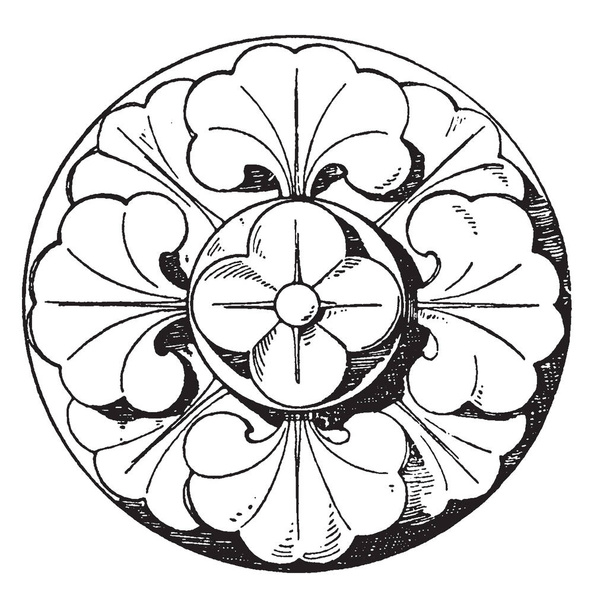 romanische Chef-Rosette ist ein Design aus dem 13. Jahrhundert, es besteht aus vier Abteilungen, Vintage-Linienzeichnung oder Gravurillustration. - Vektor, Bild