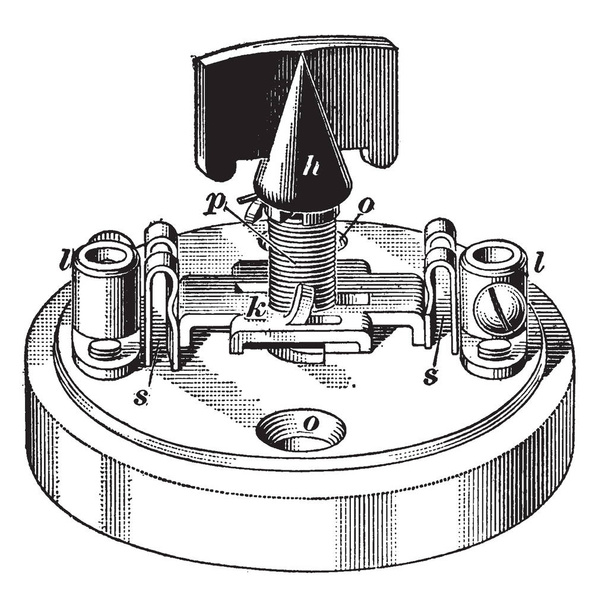 Interruptor de lâmpada comumente usado no início do século XX e poderia controlar um único circuito ou qualquer número de circuitos dentro de suas capacidades, desenho de linha vintage ou gravura ilustração
. - Vetor, Imagem