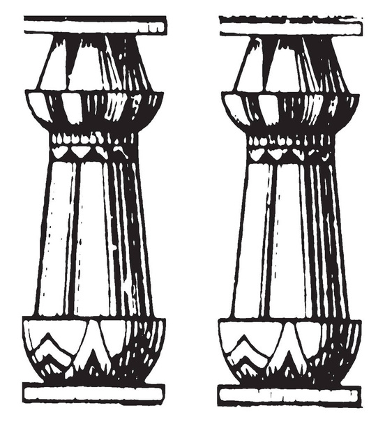 Columns, Egyptian, small, wooden, metal, post, vintage line drawing or engraving illustration. - Vektor, Bild