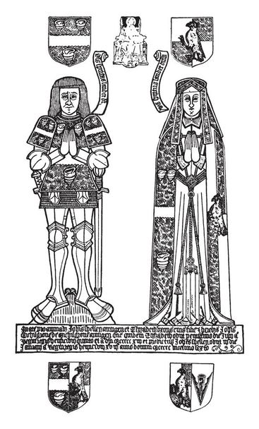 Monument en laiton est John Shelley Esq et sa femme statue Elizabeth, dessin à la ligne vintage ou illustration de gravure
. - Vecteur, image