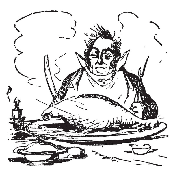 Vanhus, tässä kuvassa mies istuu ruokapöydällä ja syö lampaanlihaa pöydällä, hänellä on veitsi ja haarukka käsissä, vintage-piirros tai kaiverrus kuva.
 - Vektori, kuva