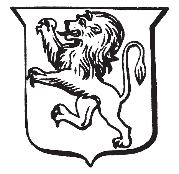 Héraldique, Rampant ont Bouclier avec un lion d'élevage, dessin de ligne vintage ou gravure illustration
. - Vecteur, image