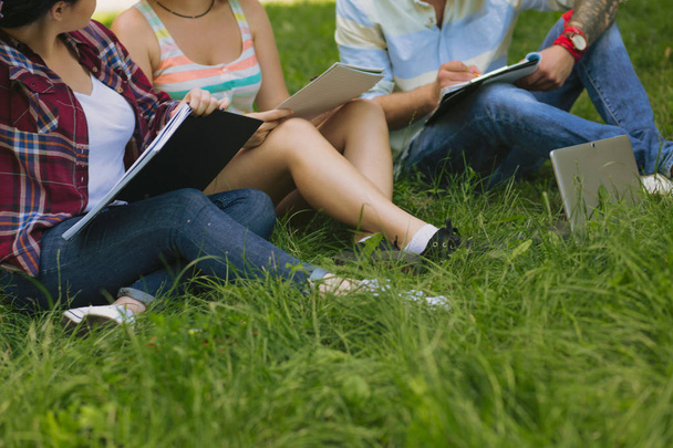 Group of students at a park. - 写真・画像
