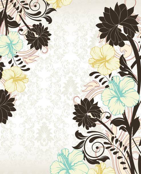 Vintage uitnodigingskaart met sierlijke elegante retro abstract floral design, multi-gekleurde bloemen en bladeren op bleke groene en grijze achtergrond met tekstlabel. Vectorillustratie - Vector, afbeelding