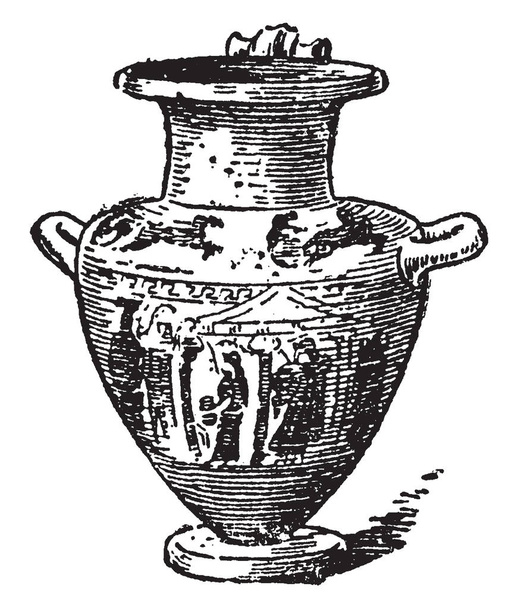Hydria has three handles, Two horizontal handles on either side of the body of the pot were used for lifting and carrying the pot, vintage line drawing or engraving illustration. - Vektör, Görsel