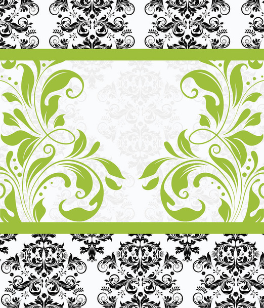 Tarjeta de invitación vintage con un elegante diseño floral retro abstracto adornado, flores y hojas de color verde androide sobre fondo blanco y negro con etiqueta de texto. Ilustración vectorial
. - Vector, imagen