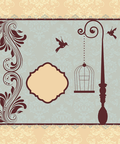 Vintage uitnodigingskaart met sierlijke elegante retro abstract floral design, chocolade bruine bloemen en bladeren op licht grijs en beige achtergrond met grenzen vogels en plaque tekstlabel. Vectorillustratie - Vector, afbeelding