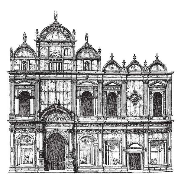 Scuola di San Marco, dekorációs módszer is sajátos, hogy ezek az épületek, kölcsönzött bizánci minták, finom golyók különböző színek, vintage vonalas rajz vagy metszet illusztráció. - Vektor, kép