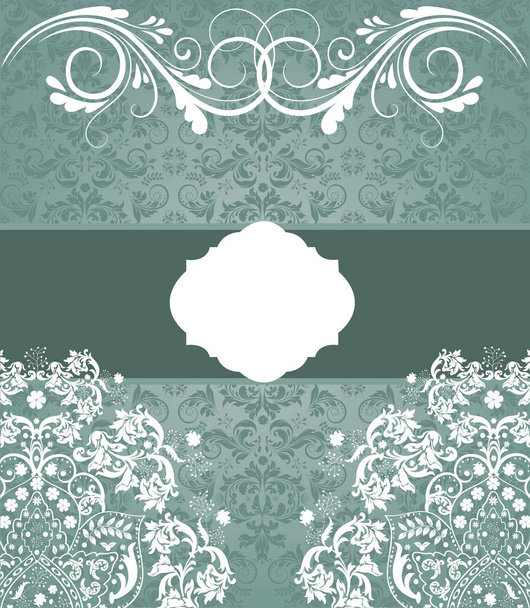 Carte d'invitation vintage avec motif floral rétro élégant et décoré, fleurs blanches et feuilles sur fond bleu sarcelle vert avec ruban et plaque texte étiquette. Illustration vectorielle
 - Vecteur, image
