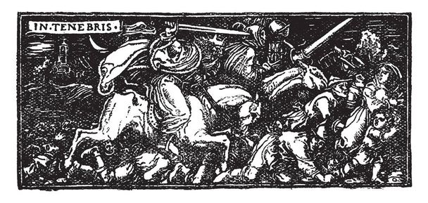 Otto da Mão de Prata é a idade escura e centros e mostrou como cruel o período de tempo com ideais de cavalaria da época, desenho linha vintage ou gravura ilustração
. - Vetor, Imagem