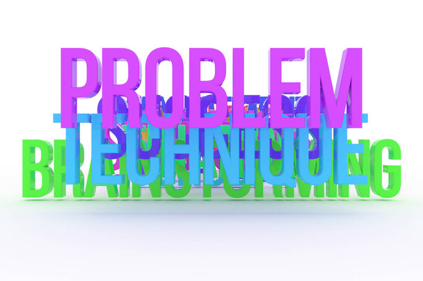 Technique, problem & brainstorming, business conceptual colorful 3D words. background cgi typography, good for design texture. - Photo, Image