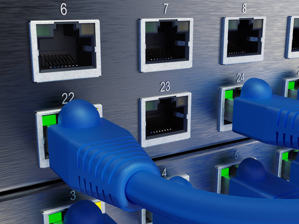 Network server panel, switch and patch cable in data center, 3D rendering - Zdjęcie, obraz