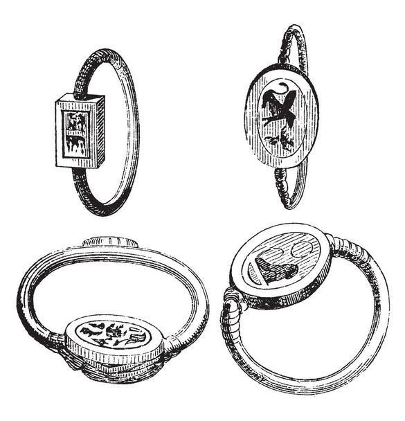Seals and signets, It has four finger rings, seals and symbols are imposed on rings,  vintage line drawing or engraving illustration - Vector, Image