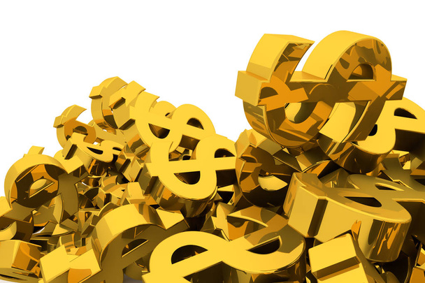 Bunch or pile of illustrative gold dollar sign, background isolated on white. Good for business conceptual backdrop represent fortune, luck, treasure or rich. 3D rendered image. - Photo, Image