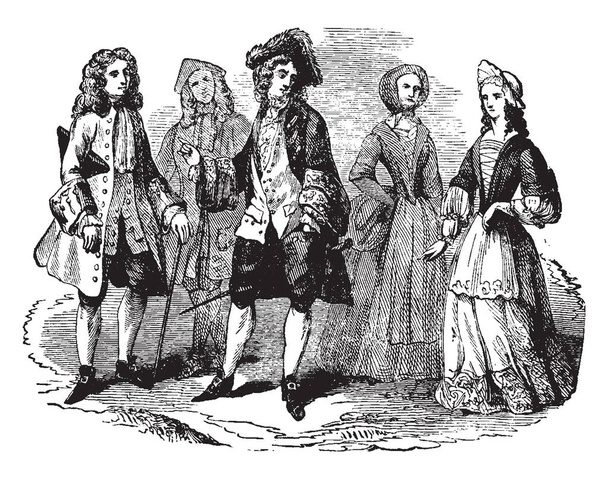 William III Costumes that were worn during the ruling of King William III, vintage line drawing or engraving illustration. - Vector, Image