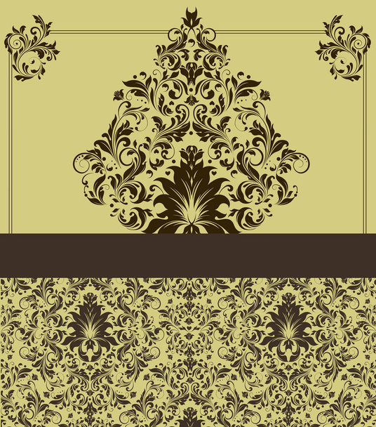 Vintage προσκλητήριο με περίτεχνες κομψές ρετρό αφηρημένο floral σχέδιο, σοκολάτα καφετιά λουλούδια και φύλλα σε κίτρινο πράσινο φόντο με κορδέλα ετικέτα. Εικονογράφηση διάνυσμα. - Διάνυσμα, εικόνα