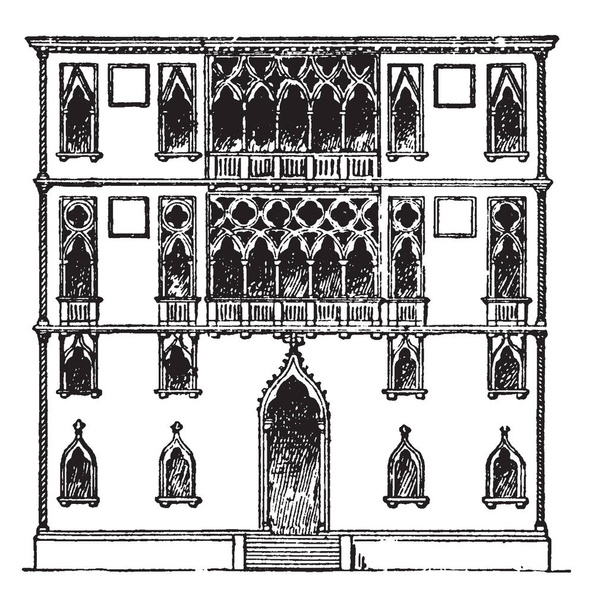 Дворец Фаад, дворец в Венеции, Палаццо Медичи Риккарди, дворец эпохи Возрождения, расположенный во Флоренции, рисунок винтажной линии или гравировка
. - Вектор,изображение