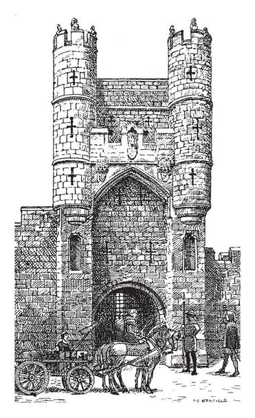 Gothic Architecture City Gate in York during,  fourteenth century, used to control access,  exit of the city during the middle ages, vintage line drawing or engraving illustration. - Vector, Image