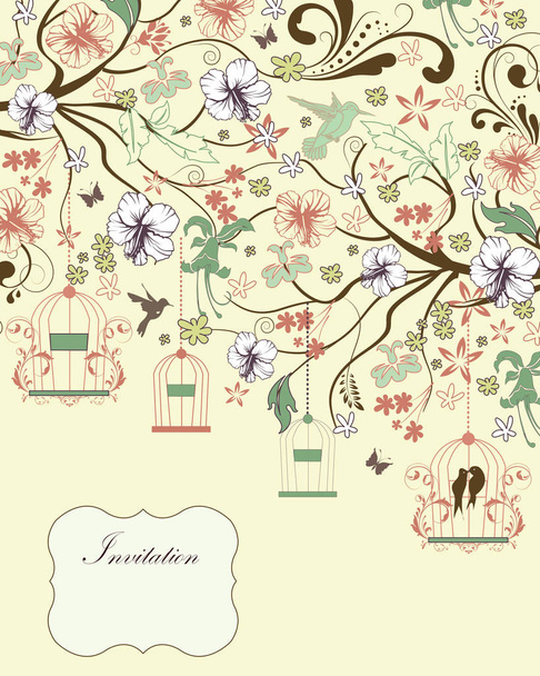 Vintage προσκλητήριο με περίτεχνες κομψές ρετρό αφηρημένο floral σχέδιο, πολύχρωμα λουλούδια και φύλλα σε ανοιχτό κίτρινο πράσινο φόντο με τα πουλιά και την ετικέτα κειμένου της πλάκας. Εικονογράφηση διάνυσμα - Διάνυσμα, εικόνα