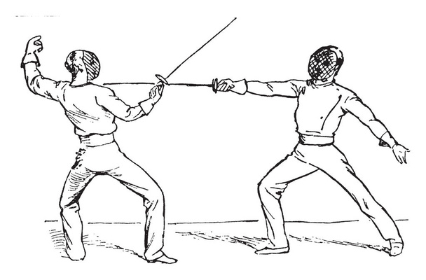 Игроки играют в фехтование игры с мечами в руках, рисование винтажной линии или гравировка иллюстрации
. - Вектор,изображение
