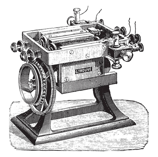 Macchina con due bobine combinate, Mr. Finds, illustrazione incisa vintage. Enciclopedia Industriale E.-O. Lami - 1875
 - Vettoriali, immagini