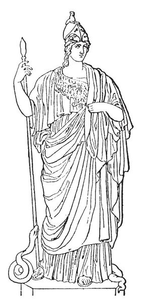 Statue of Athena with helmet on her head and snake is en twined on spear which is in right hand, vintage line drawing or engraving illustration. - Vector, Image