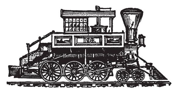Early Locomotive è stato importato dall'Inghilterra nel 1829 e il primo processo in America ha avuto luogo, disegno a linee vintage o incisione illustrazione
. - Vettoriali, immagini