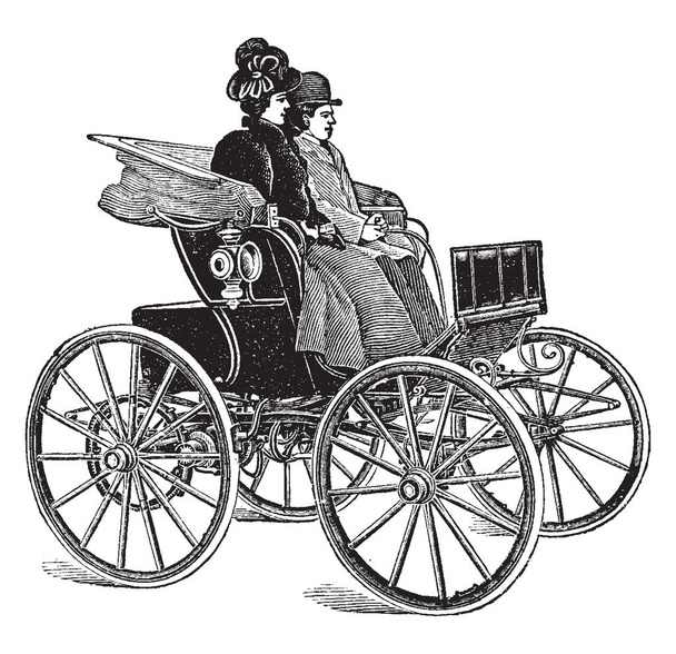 Motor elétrico Phaeton é uma carruagem com um motor elétrico, desenho de linha vintage ou gravura ilustração
. - Vetor, Imagem