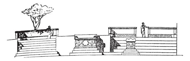 Exedra na ulicy grobowców w Assos, największa frekwencja, półokrągłe wnęki ustawione na faade budynku, rocznika linii rysunku lub Grawerowanie ilustracji  - Wektor, obraz