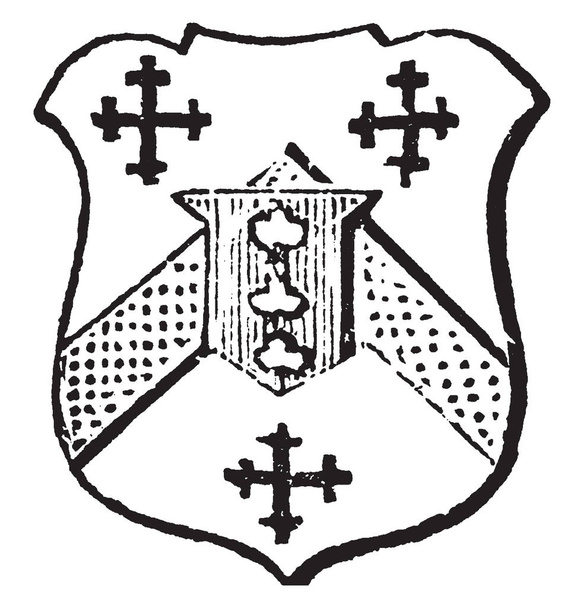 Escutcheon of Pretence están entre tres cruces sable, dibujo de línea vintage o ilustración de grabado
. - Vector, Imagen