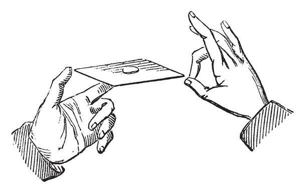 Démonstration d'inertie avec le majeur de la main droite, dessin de ligne vintage ou illustration de gravure
. - Vecteur, image