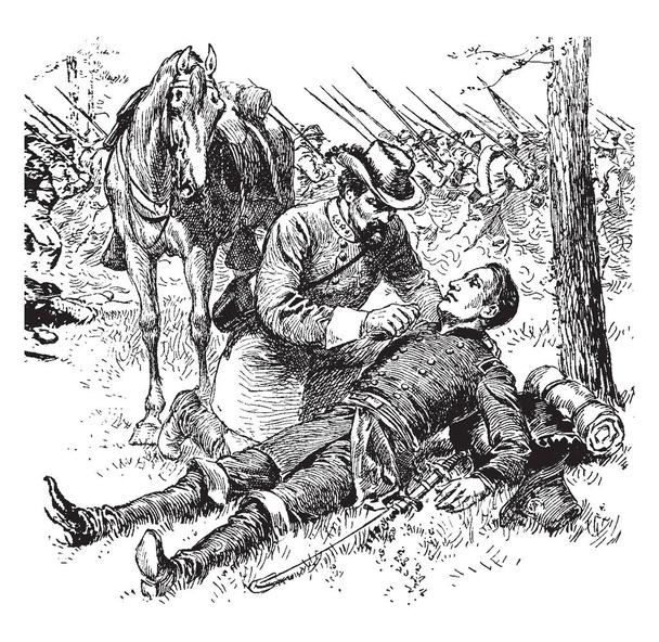Генерала Лі, допомагаючи солдата, який впав на землю, інші солдати у фоновому режимі, він був американський і Конфедерації солдата, vintage штриховий малюнок або гравірування ілюстрація - Вектор, зображення
