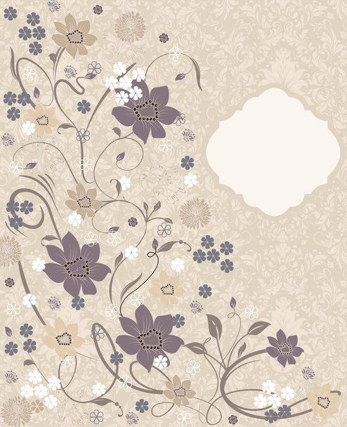 Vintage Einladungskarte mit kunstvollen eleganten Retro-abstrakten floralen Mustern, bunten Blüten und Blättern auf blassgelb-grünem Hintergrund. Vektorillustration. - Vektor, Bild