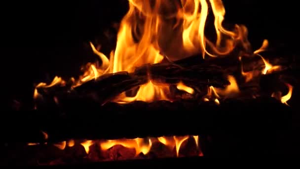 Oranje vuur brandt op Logboeken in de nacht. Red fire sparks stijgen langzaam naar de hemel. Slow-motion. Closeup. - Video