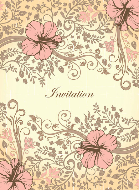 Vintage invitation card with ornate elegant retro abstract floral design, pink and gray flowers and leaves on scratch textured yellow and orange background with text label. Vector illustration - Вектор, зображення
