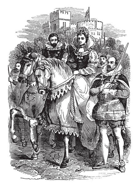Queen Elizabeth rijden op paard en soldaten lopen achter haar, was 1533-1603, ze de koningin van Engeland en Ierland van 1558 tot 1603, en de laatste monarch van het huis Tudor, vintage lijntekening of gravure illustratie - Vector, afbeelding