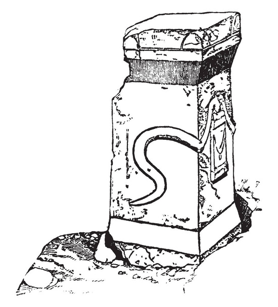 Altar griego, Redondo, triangular, cuadrado en planta, a menudo elaboradamente adornado, con escultura, con inscripciones de rodamientos, dibujo de línea vintage o ilustración de grabado
. - Vector, imagen