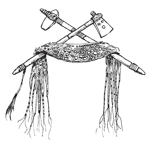 Questa illustrazione rappresenta due tomahawk che viene utilizzato dai nativi americani, disegno a linee vintage o incisione illustrazione
. - Vettoriali, immagini
