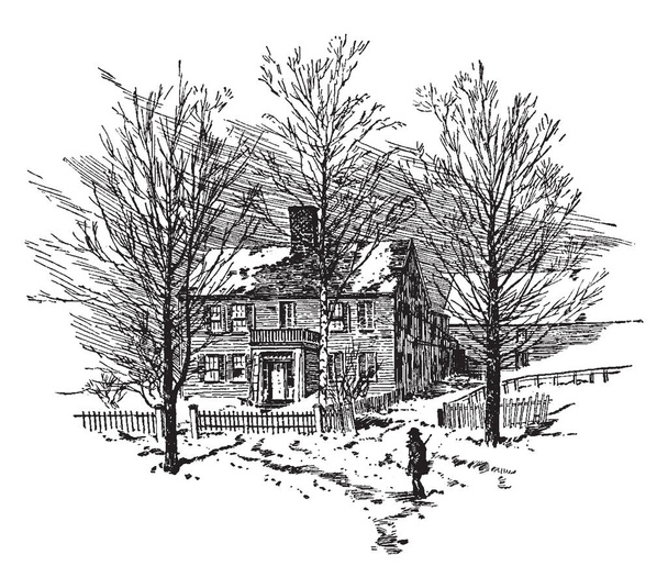 It is a house of John Sullivan, who was an American general in the Revolutionary War, vintage line drawing or engraving illustration. - Vector, Image