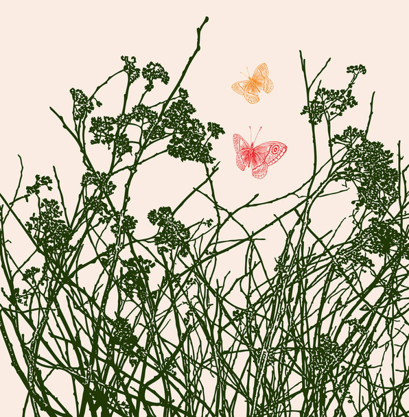 野生の花を飛んでいる蝶のシルエット - ベクター画像