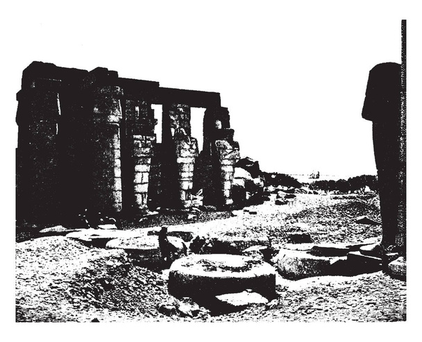 Ραμεσσέουμ είναι μνημείο ναός, ο Φαραώ Ραμσή, Θηβαϊκός νεκρόπολη στην Άνω Αίγυπτο, στον ποταμό Νείλο, σύγχρονη πόλη του Λούξορ, vintage γραμμή σχεδίασης ή χαρακτική εικονογράφηση. - Διάνυσμα, εικόνα