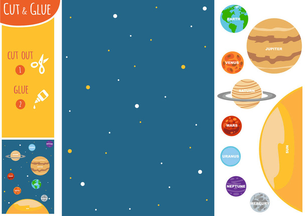 Образование бумажная игра для детей, Солнечная система планет. Используйте ножницы и клей для создания изображения
. - Вектор,изображение