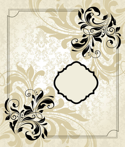 Vintage invitation card with ornate elegant retro abstract floral design, black flowers and leaves on pale yellow and white background with frame border. Vector illustration. - Vektor, Bild
