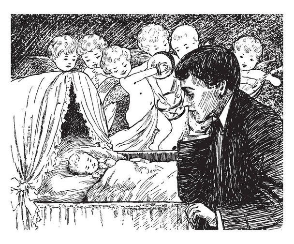 Bebé Joy, esta escena muestra a un bebé durmiendo en la cuna y a un hombre cerca de la cuna mirando al bebé, y hadas entreteniendo al bebé con instrumentos musicales como tambor y flauta, dibujo de línea vintage o ilustración de grabado
 - Vector, imagen