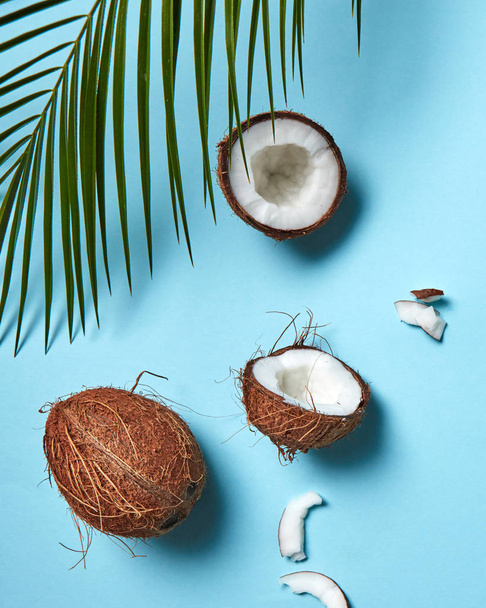A beautiful composition of organic halves and a whole coconut on a blue background decorated with a plaque sheet with a copy of the space. Flat lay - Photo, Image