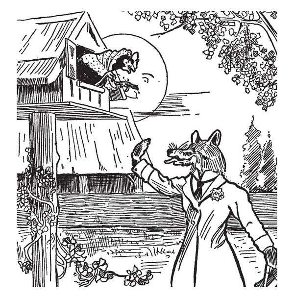 Μια αλεπού που φοράει ανθρώπινη φόρεμα στέκεται κάτω από τη φωλιά και το πουλί του βγαίνει από το παράθυρο της φωλιά και κοιτάζοντας προς τα κάτω στο fox, τον ήλιο στο φόντο, εκλεκτής ποιότητας γραμμικό σχέδιο ή απεικόνιση χαρακτική  - Διάνυσμα, εικόνα